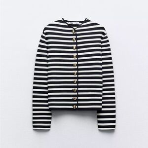 Celine Style Knit Striped Cardigan with Gold Buttons